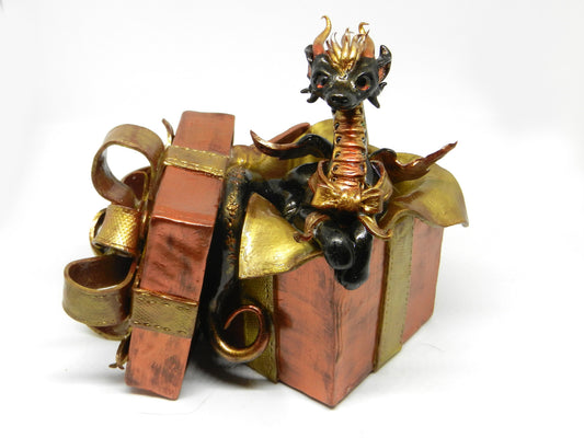 Black and gold dragon in gift box unique figurine