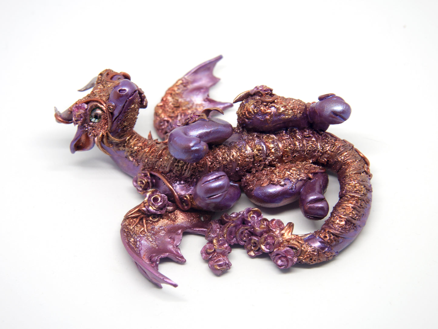 Violet and copper dragon unique figurine with floral design