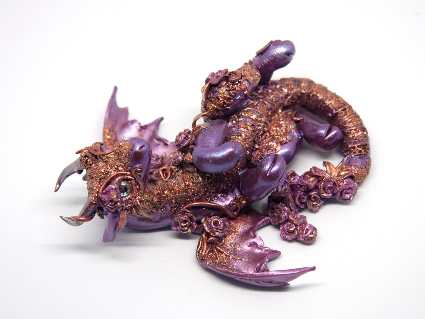 Violet and copper dragon unique figurine with floral design