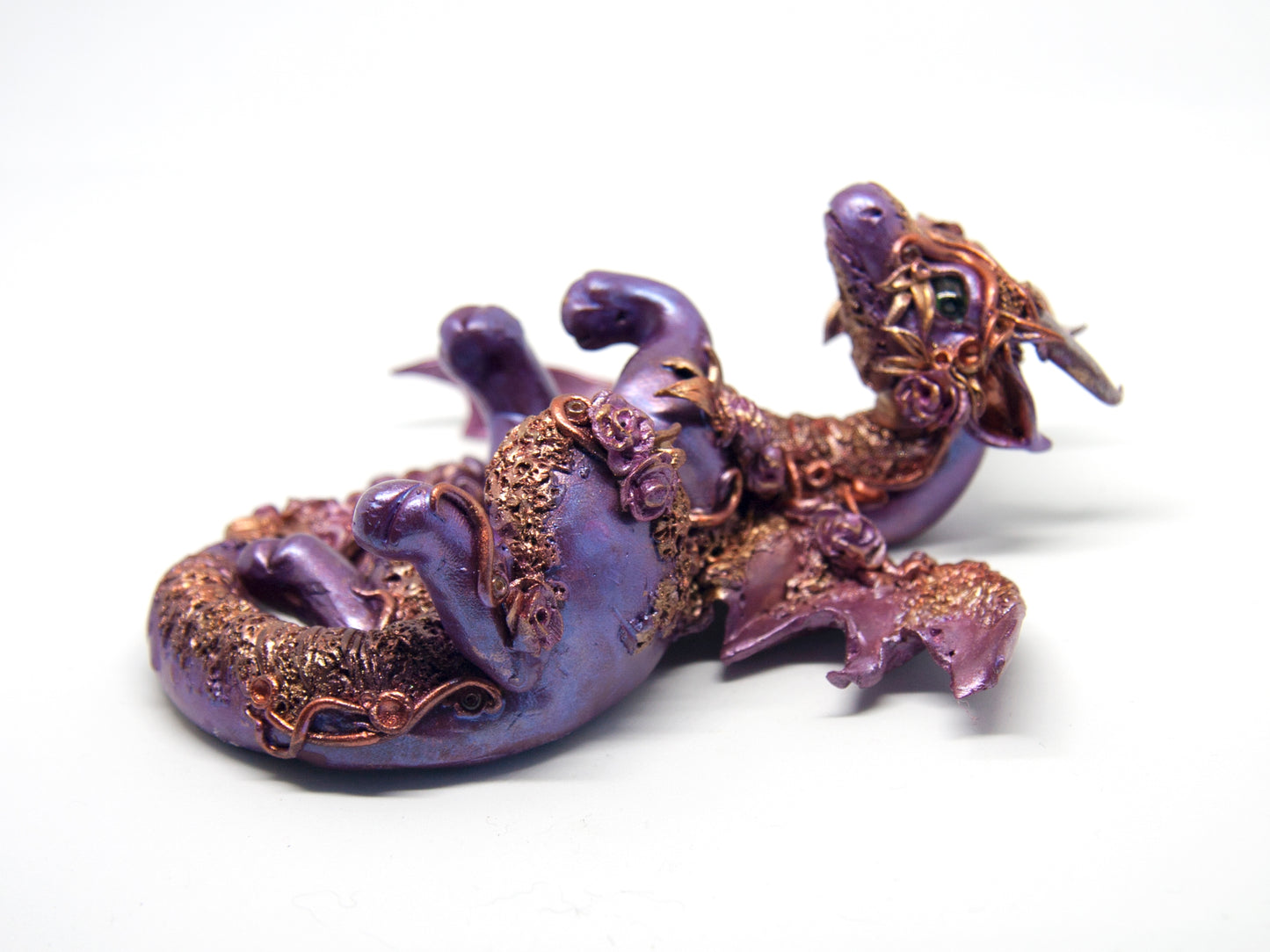 Violet and copper dragon unique figurine with floral design