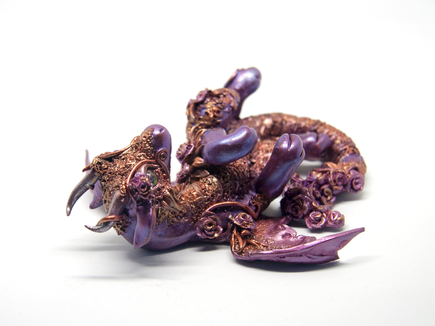 Violet and copper dragon unique figurine with floral design