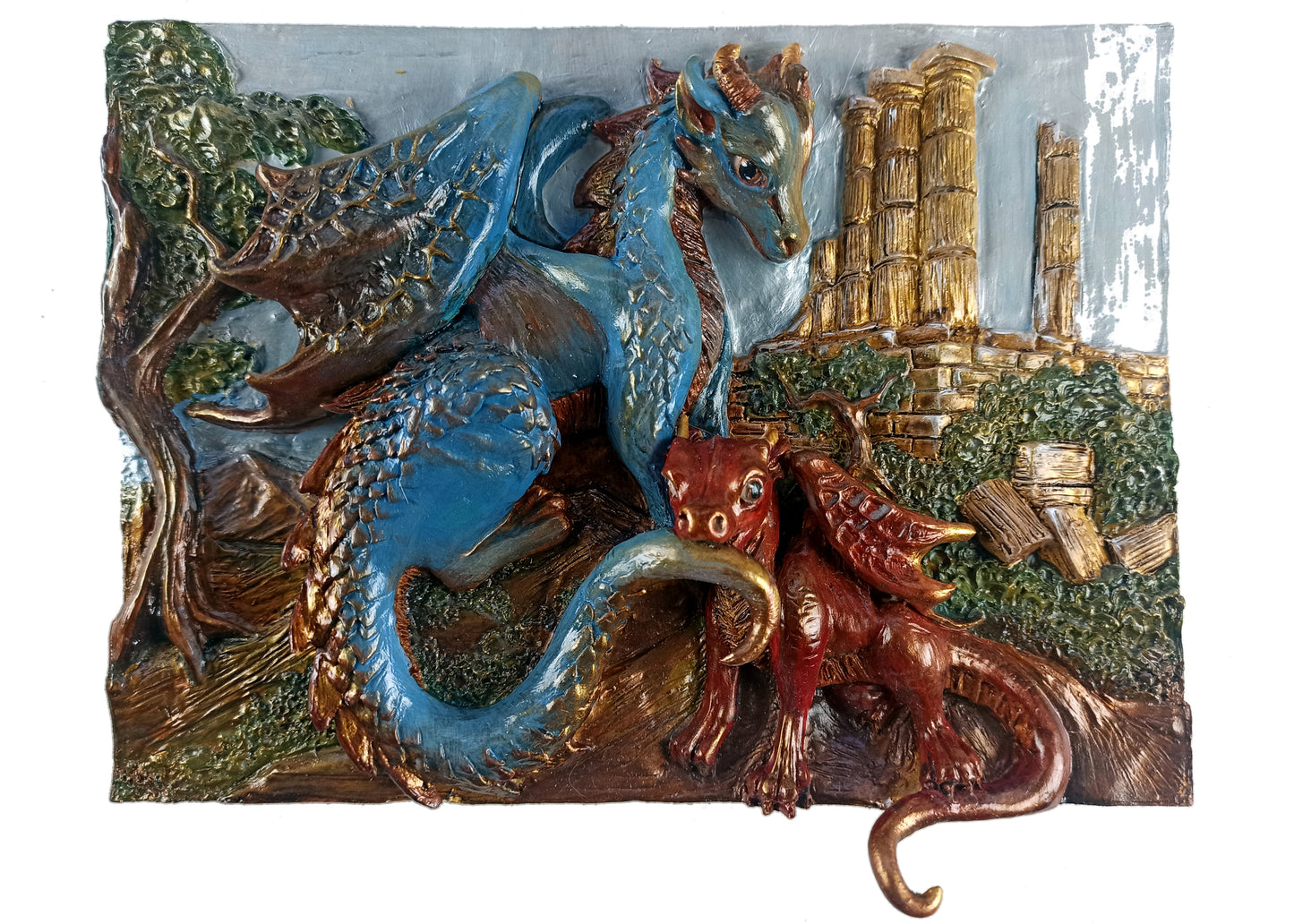 Bas-relief family of dragons