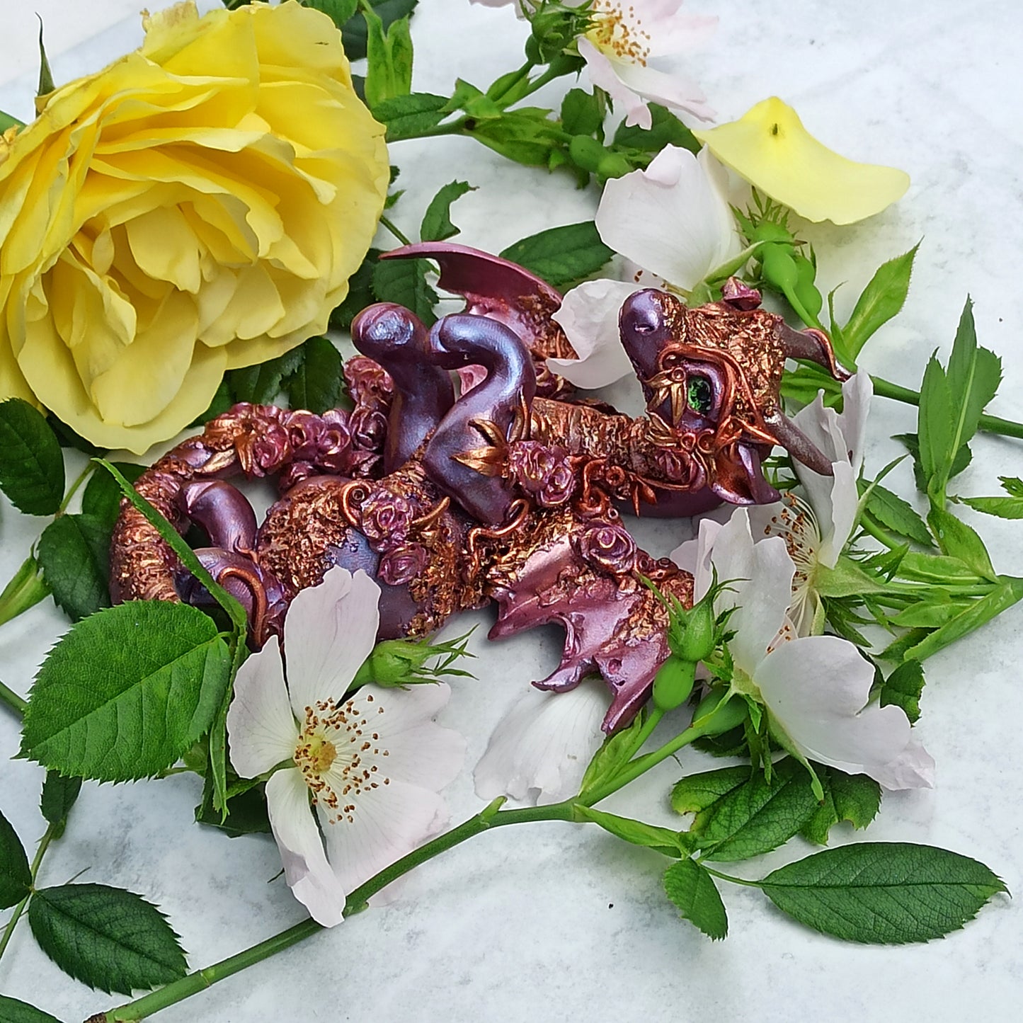 Violet and copper dragon unique figurine with floral design